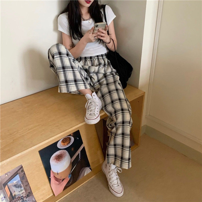 Plaid pants women loose straight 2021 new summer thin casual pants high waist thin mopping pants trend