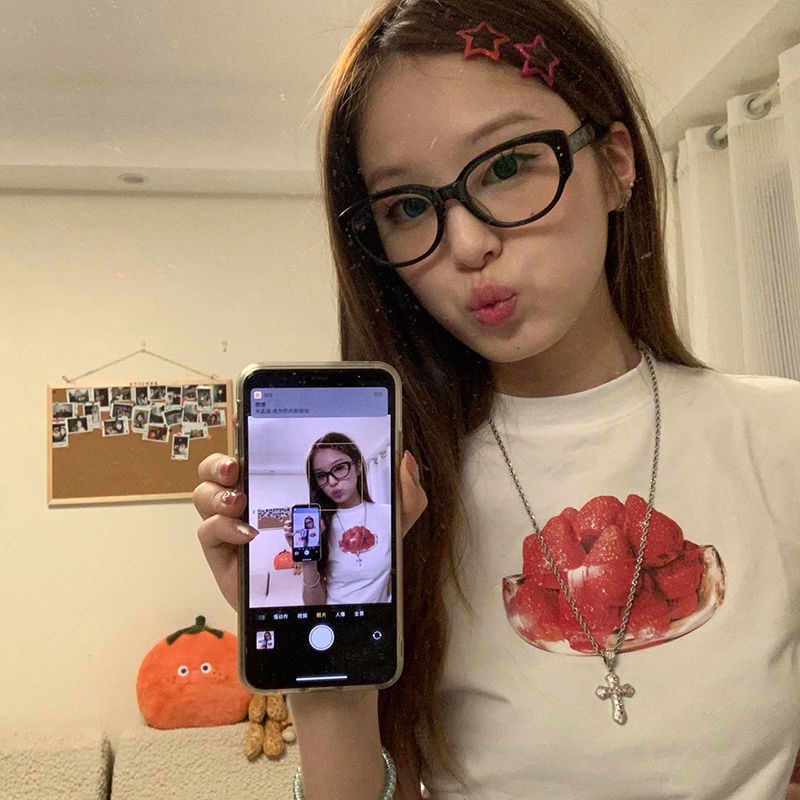 Áo Thun Cotton Ngắn Tay Ôm Dáng Phong Cách Retro Mỹ Cho Nữ