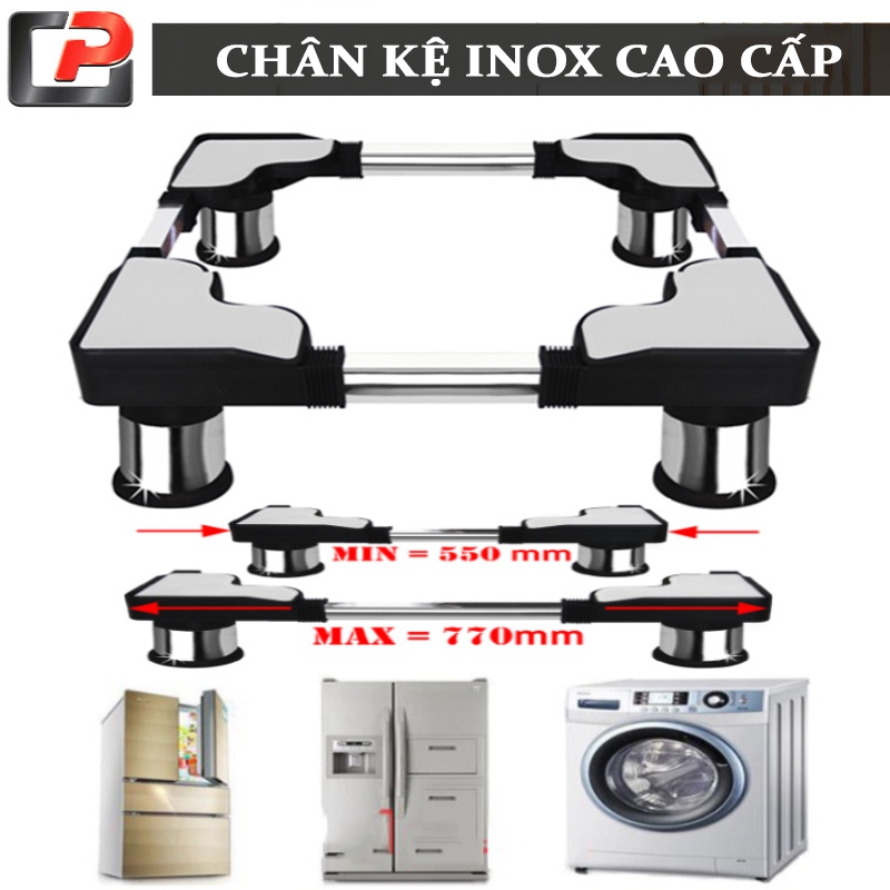 Chân kệ máy giặt, tủ lạnh Inox, chân đỡ máy giặt tủ lạnh đa năng, đệm cao su chống rung