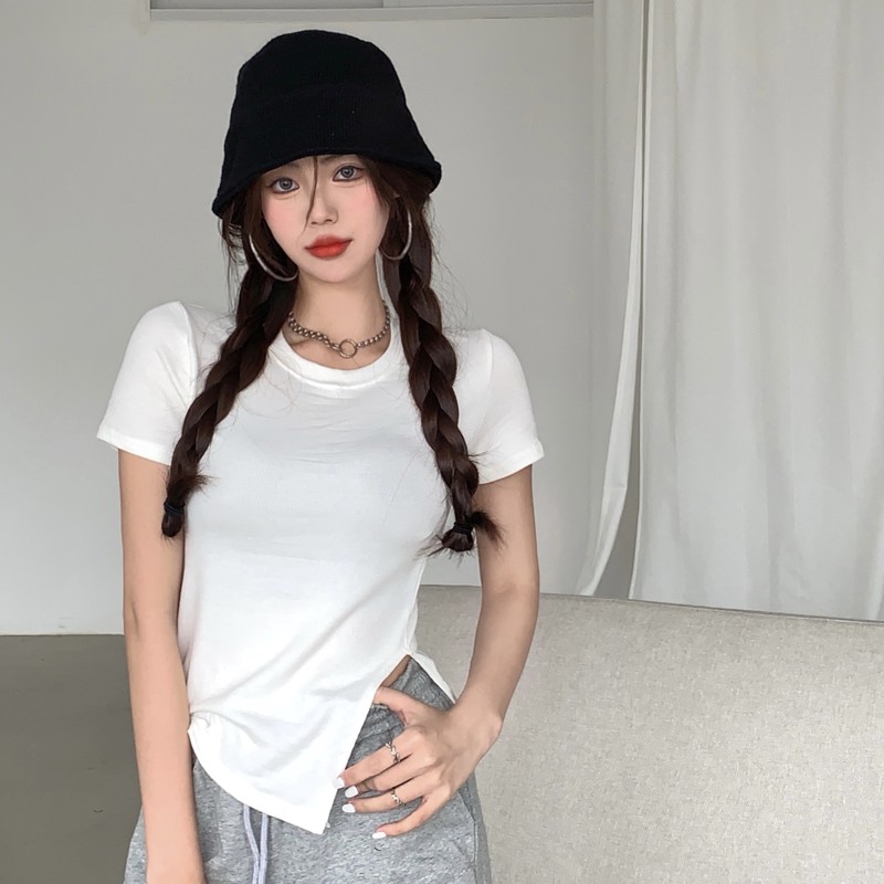 ✢Căng đan đáy áo sơ mi nữ cổ tròn với thun mỏng tay ngắn sang trọng