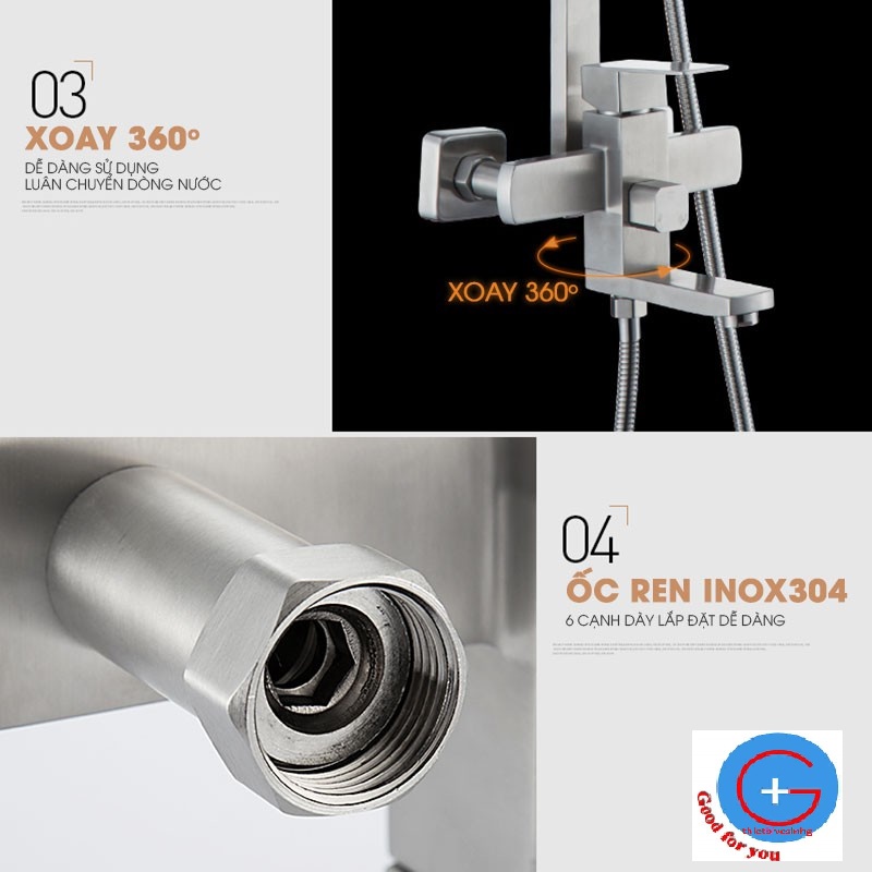 Bộ sen cây tắm nóng lạnh Inox SUS 304 vuông (Bảo hành toàn quốc 2 năm) Không chì rất an toàn