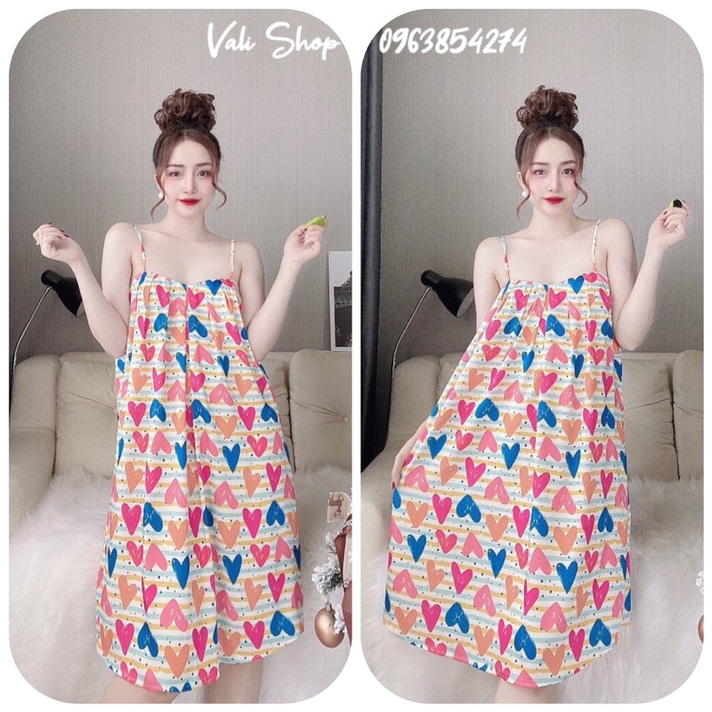 Váy ngủ lụa latin 2 dây xếp ly hoạ tiết freesize 42-60kg