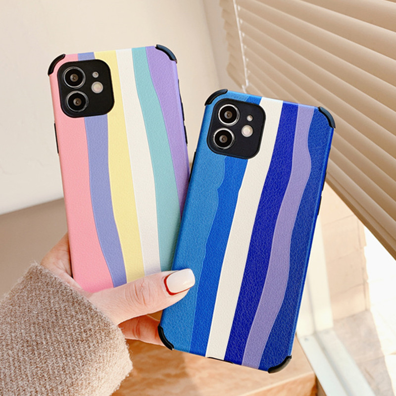 Lambskin Case for iPhone 12 11 Pro Max X XR Four Angle Anti Fall Case 6 7 8 6s Plus Rainbow Printing Casing