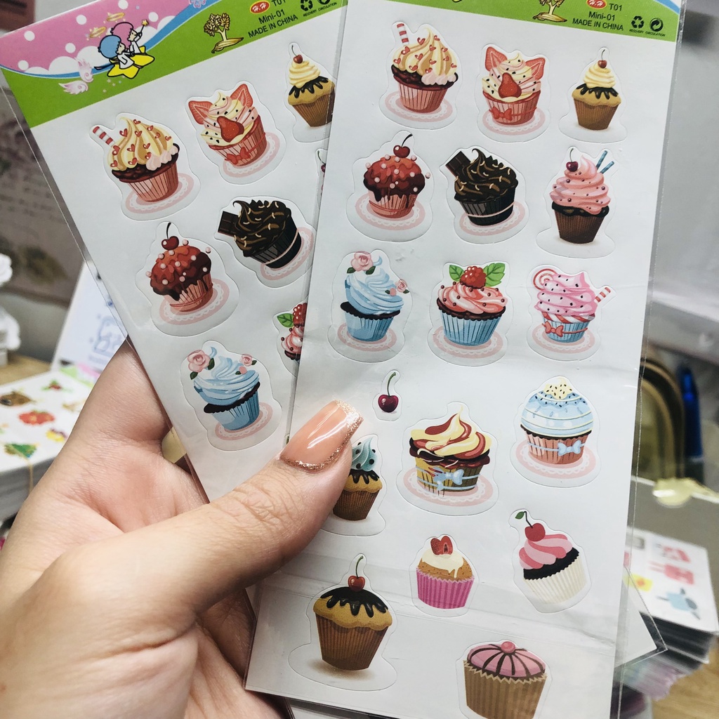 Giấy Nhãn dán trang trí sticker hình bánh kem cupcake dễ thương nhiều màu sắc dán trang trí điện thoại máy tính, sổ, vở