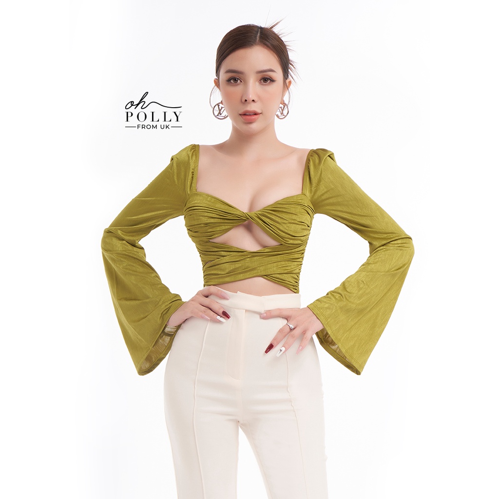 Oh Polly - Áo croptop tay dài khoét ngực, cổ vuông tay dài sexy