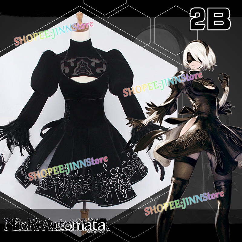 JINN Nier Automata Yorha 2B bộ đồ cosplay Anime Phụ nữ Trang phục Bộ Cô gái Bữa tiệc Váy đen Gothic