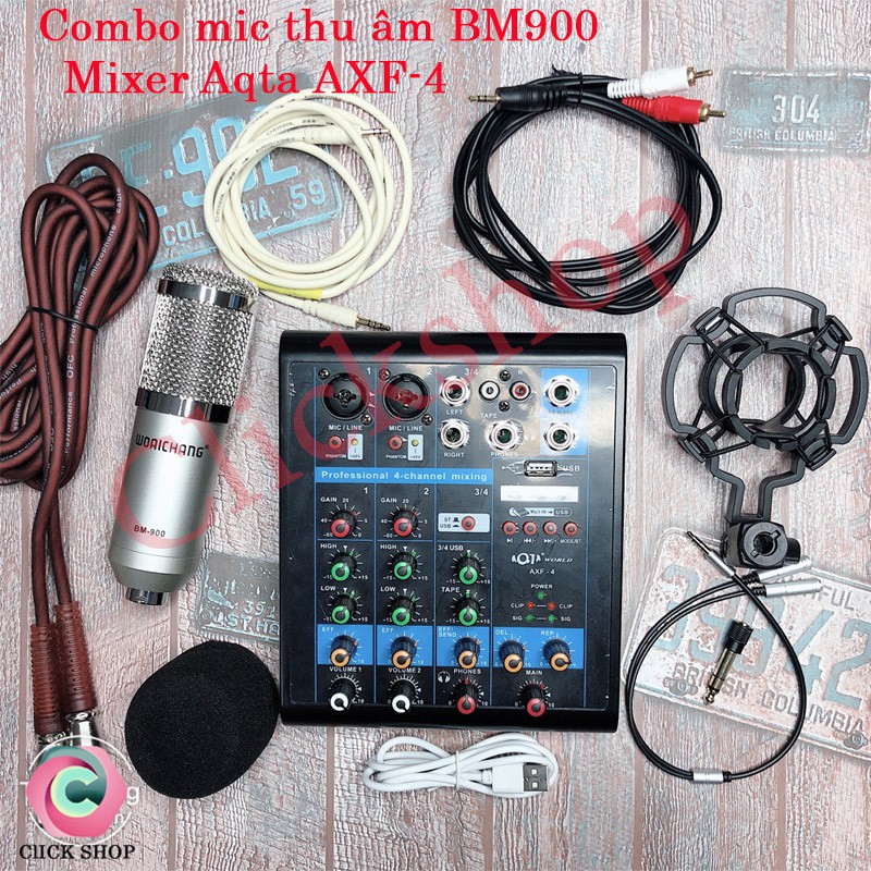 Mixer Aqta AXF 4 đi mic thu âm bm900 dây livestream chế dây truyền nhạc dây chia tai nghe và zắc 6.5 đủ bộ thu âm