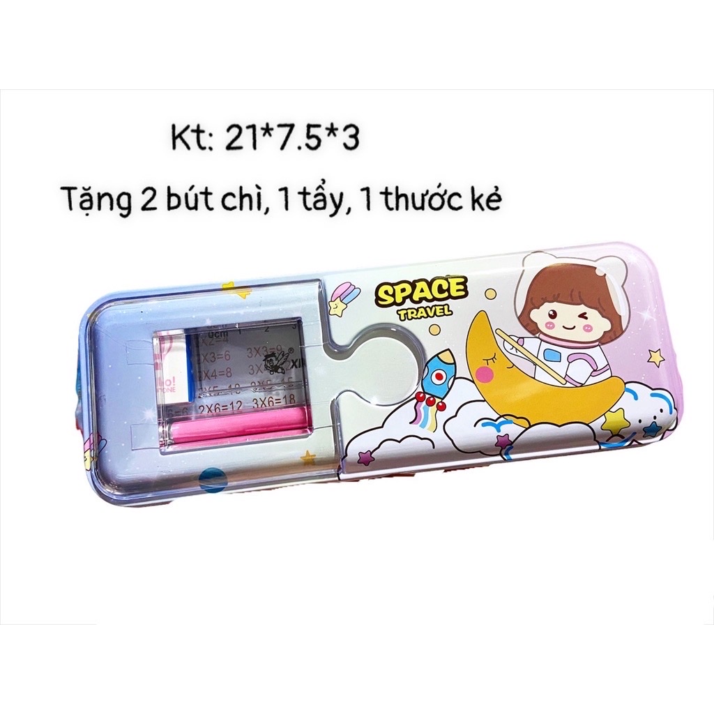 Hộp bút sắt 2 mặt, Bóp đựng bút tặng kèm bút chì và thước rất đẹp - Đức Huy Store
