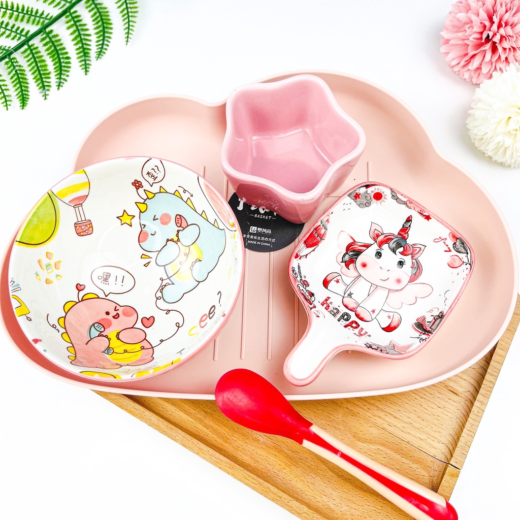 Set Bát Sứ Ăn Dặm Cho Bé Kiểu Nhật Đủ Màu, Combo Bát Ăn Dặm Gốm Sứ Gồm Khay Bát Thìa Báo Nóng Cao Cấp Babyducky