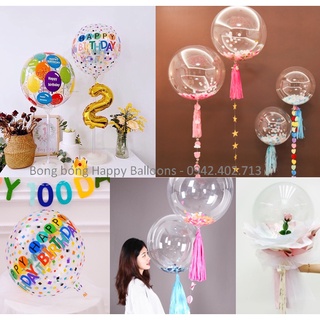 Set Bóng jumbo trong suốt galaxy Bobo nhựa PE trong suốt, in happy birthday, kim tuyến, cánh hoa hồng