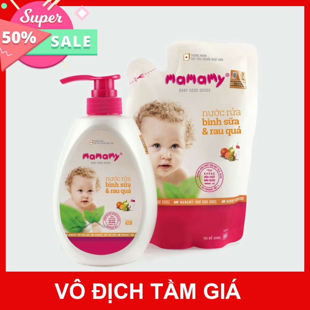 Combo 2 chai nước rửa bình sữa và rau quả an toàn cho bé Mamamy (600ml/ chai)