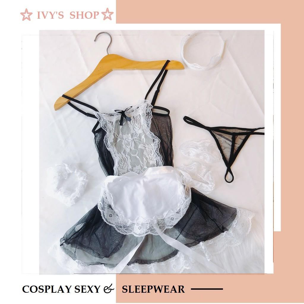 Bộ ngủ Cosplay hầu gái voan lưới - Đen,hồng đậm,xanh HG001 | BigBuy360 - bigbuy360.vn