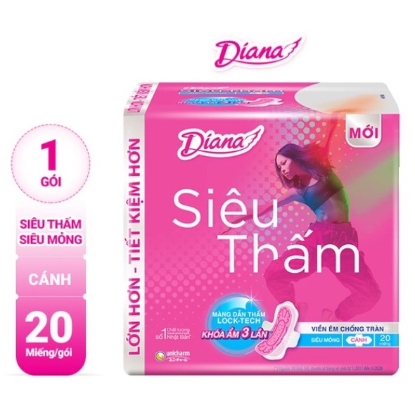 Băng vệ sinh Diana siêu thấm siêu mỏng cánh 20 miếng/gói x 23cm