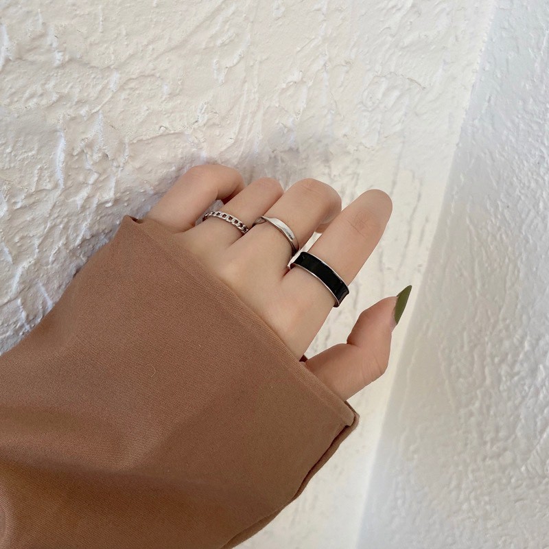 Set Nhẫn Nữ 3 Chiếc Màu Đen Phong Cách Retro R35