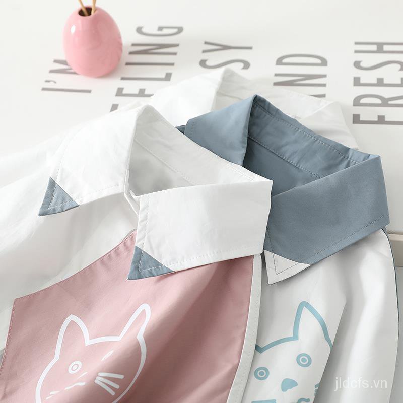 Áo sơ mi dài tay dáng rộng in hình mèo phong cách Nhật Bản/ Hàn Quốc thời trang cho nữ sinh