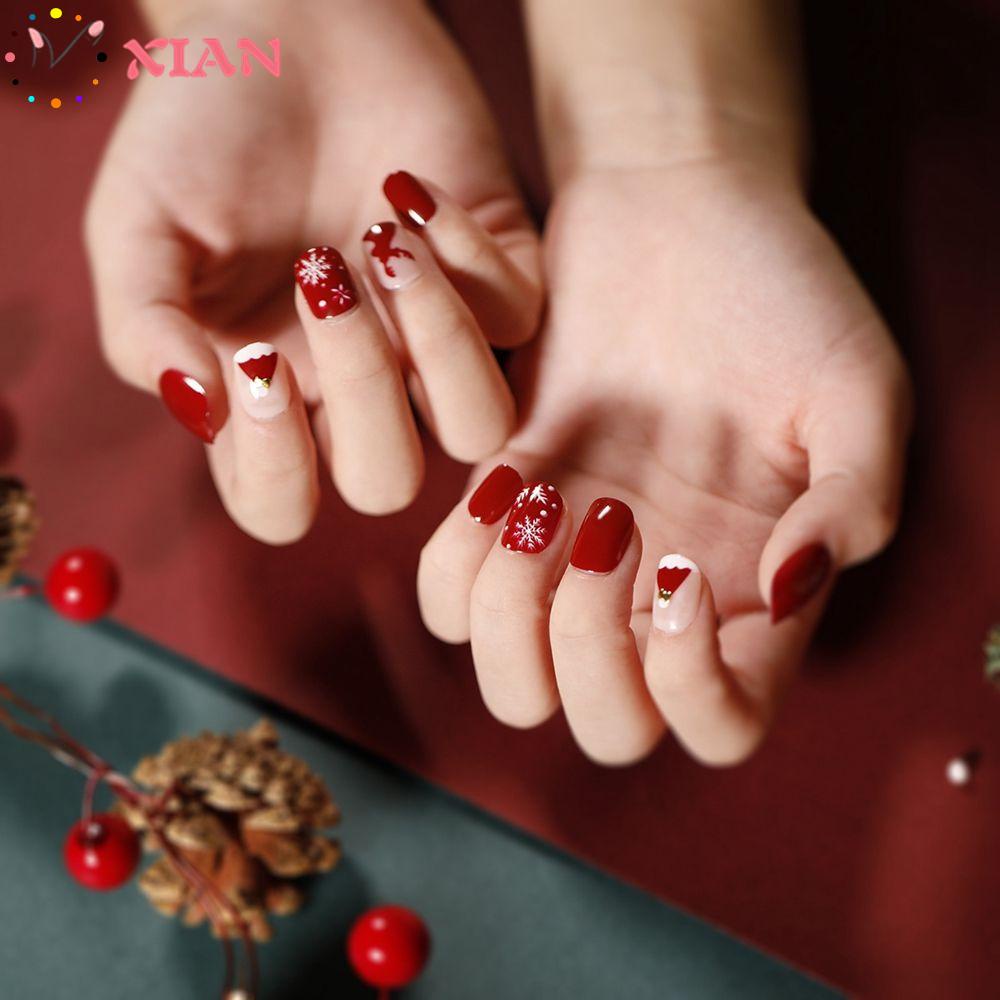 Bộ 24 Móng Tay Giả Ngắn Đầu Vuông In Họa Tiết Giáng Sinh Có Thể Tháo Rời