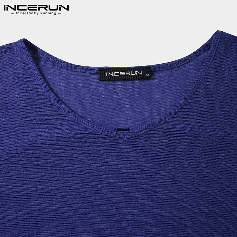 Áo thun INCERUN mỏng cổ chữ V màu trơn co giãn thời trang thông thường cho nam