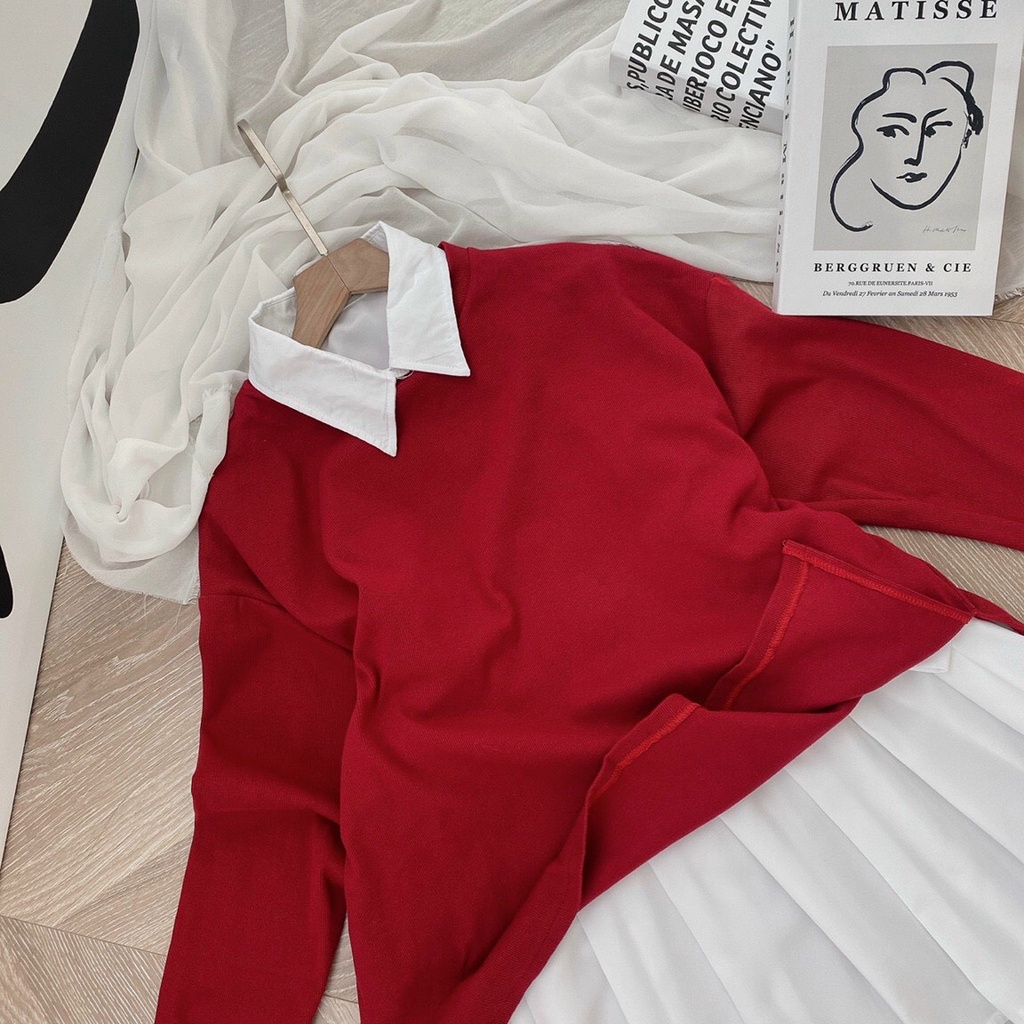 set đồ nữ, đầm sơ mi trắng kèm áo khoác chui đầu đỏ diện đi chơi noel cực xinh luôn hàng cao cấp Tay Thi Shop | BigBuy360 - bigbuy360.vn