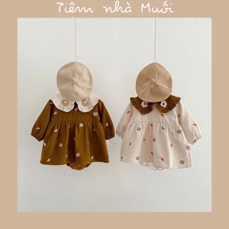 Váy body suit thêu hoạ tiết hoa tone nâu/be siêu vintage phong cách Hàn cho bé gái 6kg-14kg