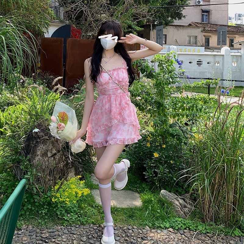 Đầm Hai Dây Eo Cao Họa Tiết Hoa Thời Trang Mùa Hè Cho Nữ