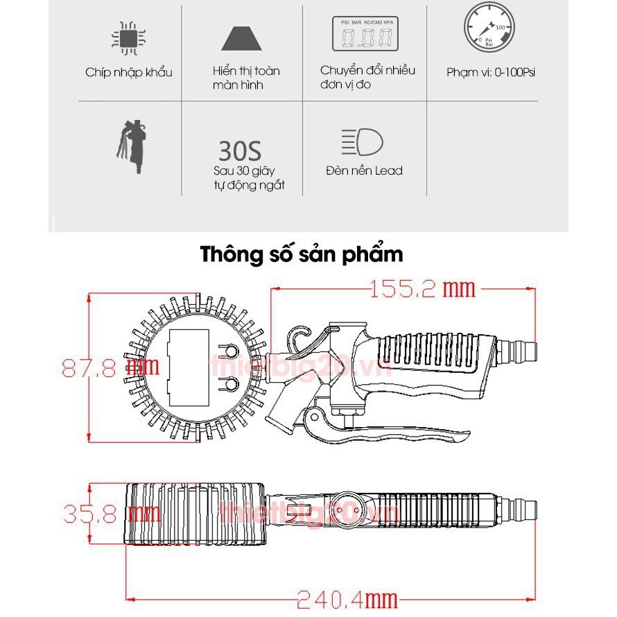 Súng đo áp suất lốp bơm hơi màn hình đồng hồ ĐIỆN TỬ thế hệ mới đa năng thông minh đo và bơm áp suất lốp ô tô xe máy