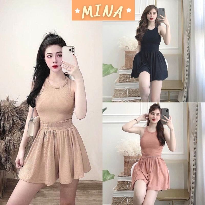 Bộ ngủ sát nách MINA len tăm co giãn mát lạnh, Sét đồ ngủ áo ba lỗ sexy quần ống rộng dáng hàn nhiều màu SB1