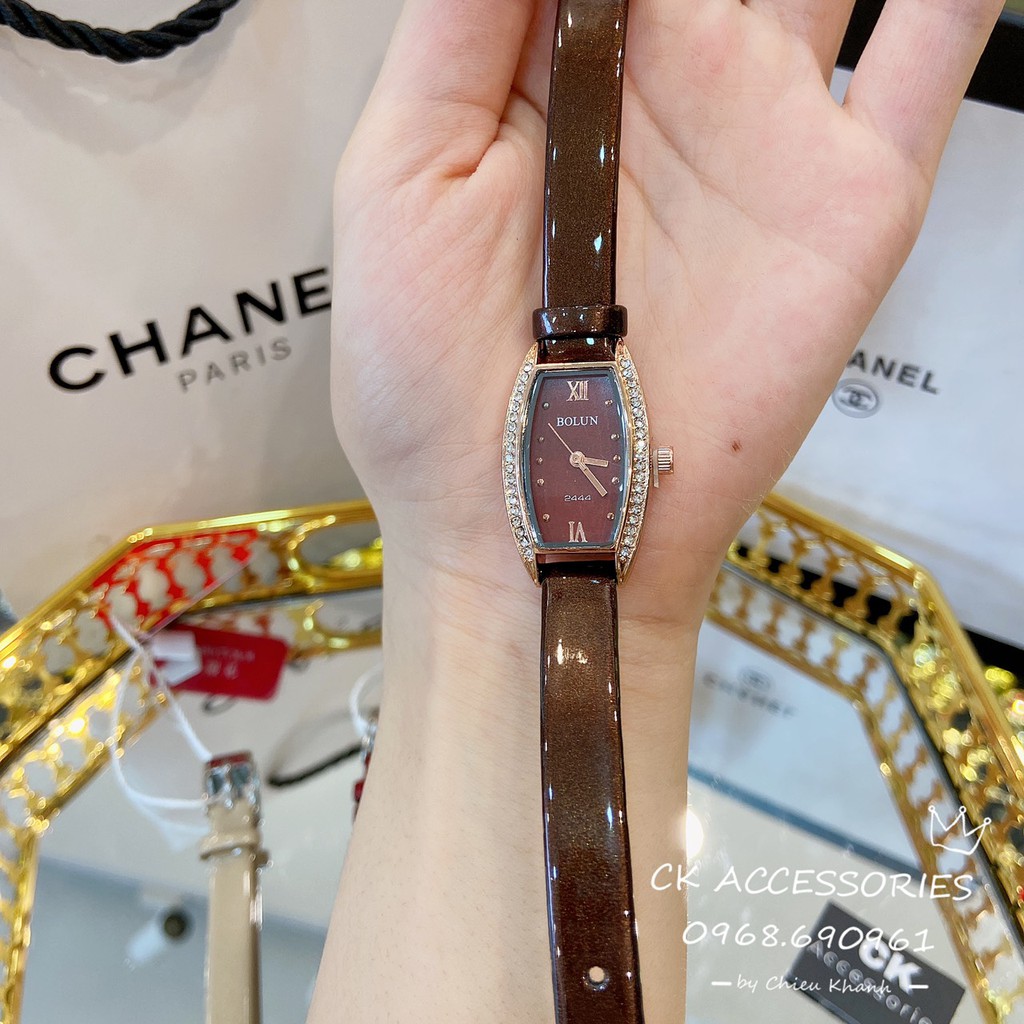 Đồng hồ nữ Bolun dây da mặt hình thùng rượu viền đá ảnh thật