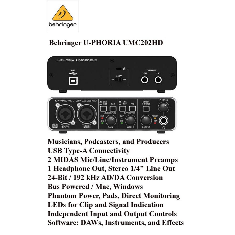 Card âm thanh Behringer U-PHORIA UMC202HD - USB 2.0 Audio Interface
