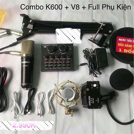 trọn bộ combo mic thu âm k600 + v8 +full phụ kiện