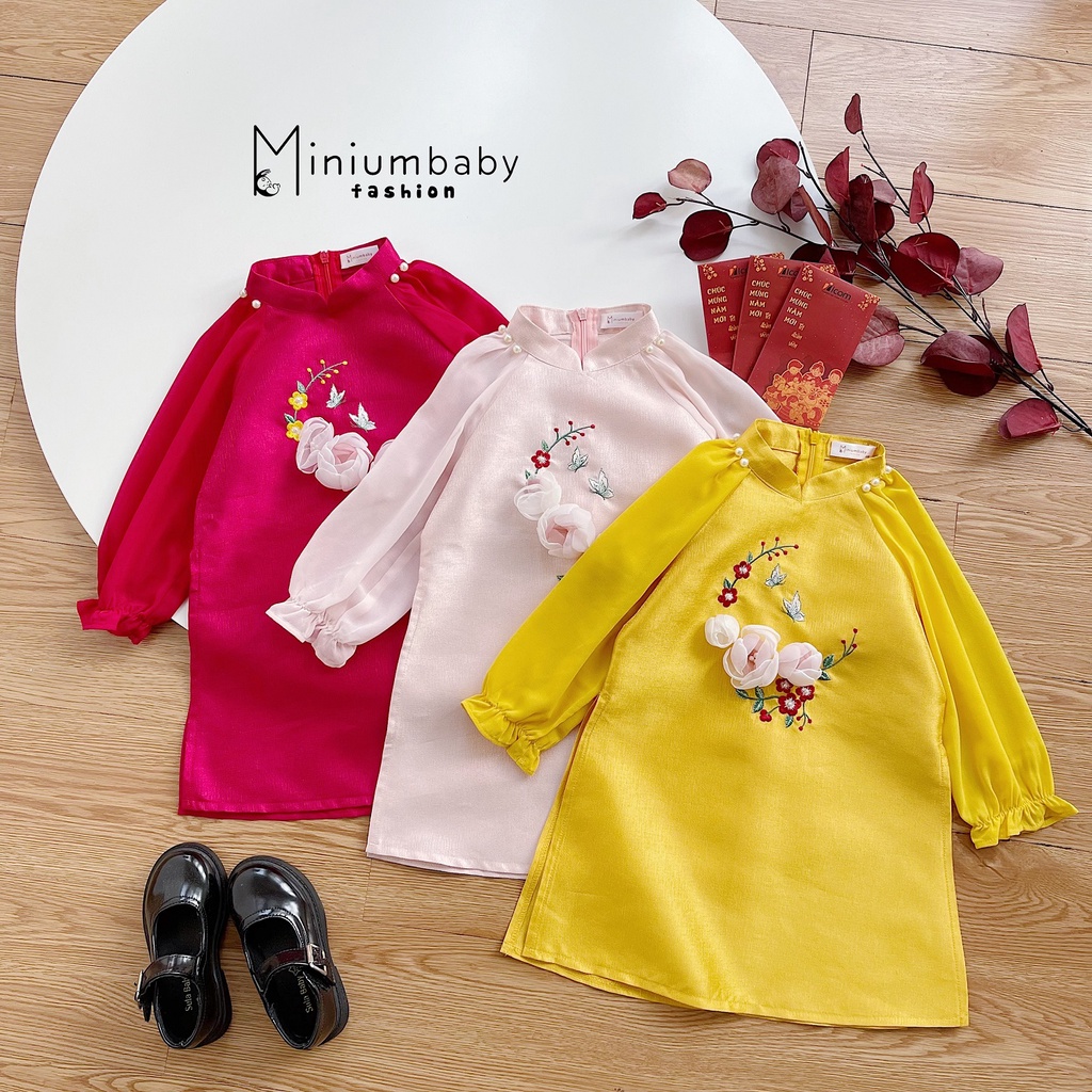 Set bộ áo dài cho bé gái, mẫu thiết kế áo dài cách tân họa tiết hoa mẫu đơn cho bé  MINIUMBABYFASHION AD1121