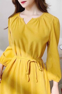 Đầm suông vàng tay dài (kèm hình thật)