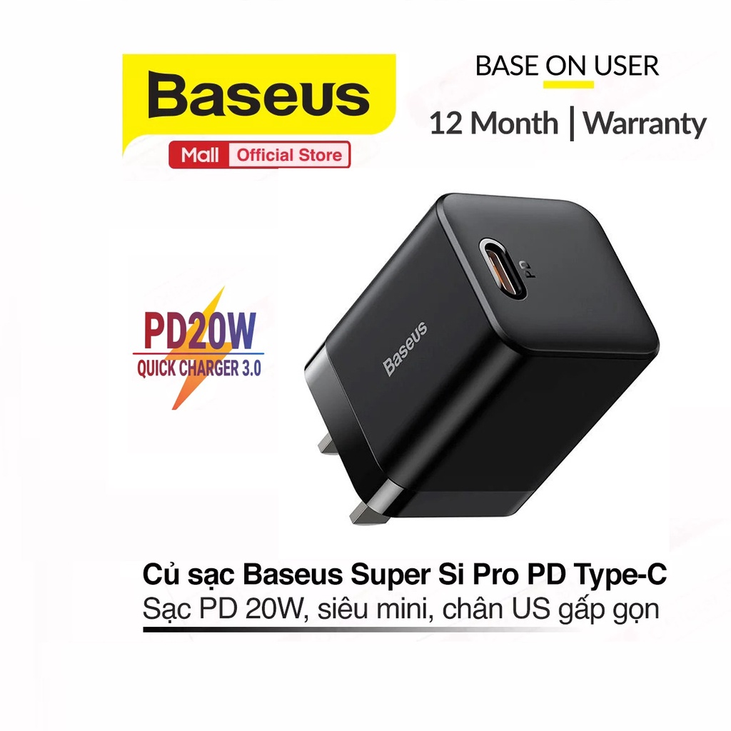 Củ sạc nhanh PD20W Baseus Super Si Pro 1 cổng PD Type-C Q.C 3.0, phù hợp nhiều dòng máy,chân cắm US ( Đen)
