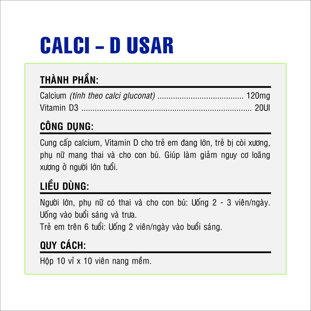 Viên uống bổ sung Canxi, Vitamin D, CALCI – D USAR hộp 100 viên