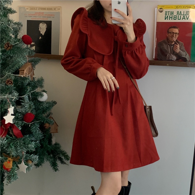 ĐẦM BABYDOLL NỮ NHUNG TĂM DÁNG XOÈ CỔ TRÒN BÈO TIỂU THƯ CỔ RỜI TAY DÀI MẶC ĐƯỢC HAI KIỂU MÀU ĐỎ ĐẬM