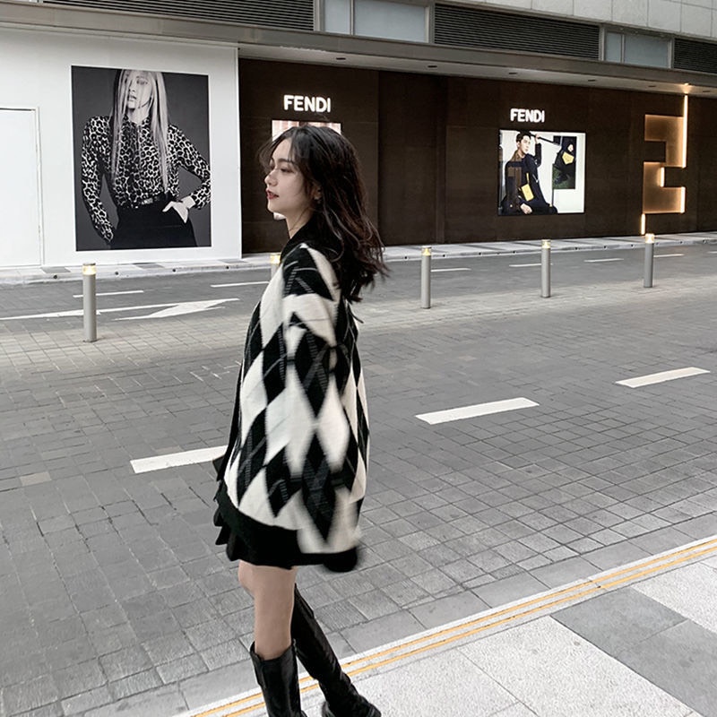 [Hàng sẵn] Cardigan dệt kim dáng rộng họa tiết kim cương- Cadigan nữ phong cách retro / vintage 2021
