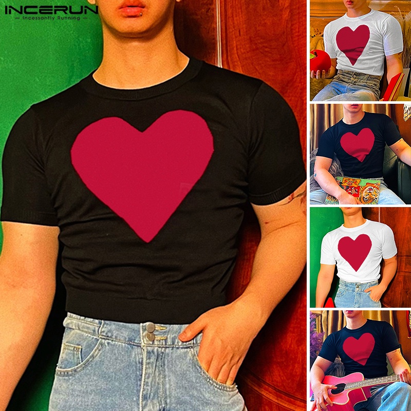 Áo thun INCERUN cổ tròn ngắn tay in hình trái tim phong cách vintage cho nam