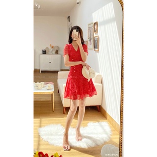 Váy cổ V nhún eo_1VA1331DO_Lep'