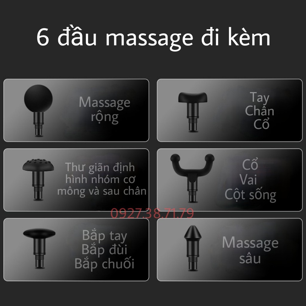 Máy massage cầm tay 6 đầu 6 cấp độ trị đau nhức toàn thân hiệu quả - Massage Gun cổ vai gáy kèm 6 đầu mát xa chuyên sâu