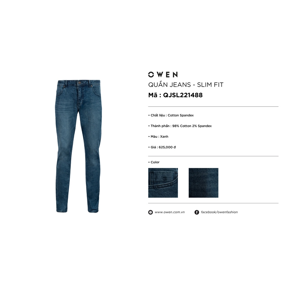 Quần Jean Nam Quần Bò Hàng Hiệu Owen QJSL221488 Màu Xanh Trung Dáng Slim Fit Ống Côn Vải Denim Cotton Cao Cấp Co Giãn