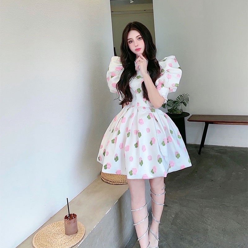 đầm hoa tay phồng dáng xoè tiểu thư qccc