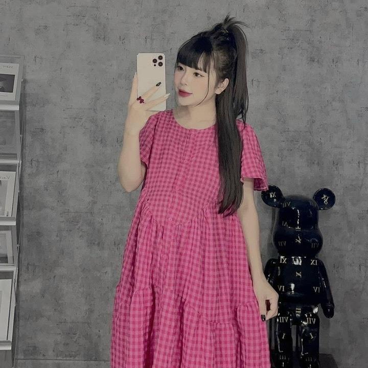 Váy Bầu kẻ khuy dáng xuông,tay bèo ,thiết kế điệu đà,phù hợp mặc đi biển ,đi du lịch ,freesize 42-68kg VB33