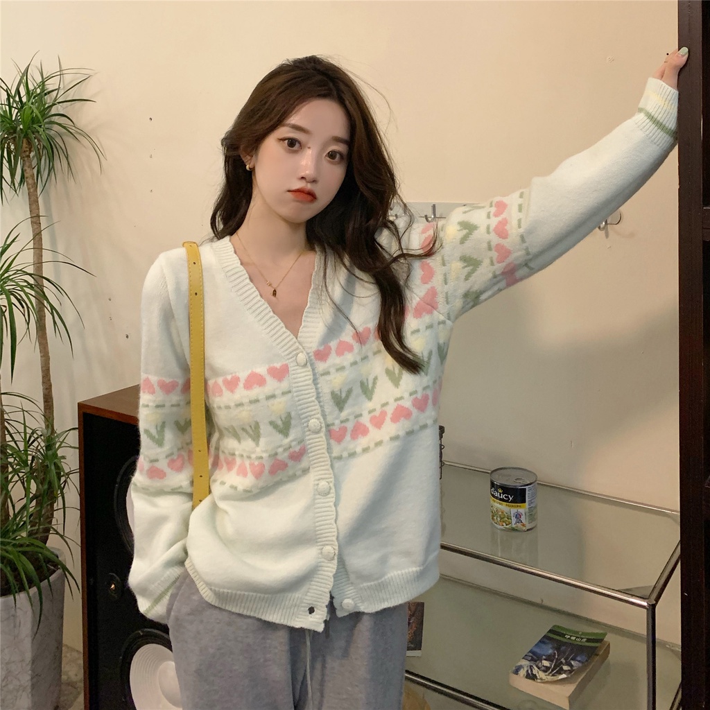 Áo khoác len cardigan màu xanh sữa mềm mại phụ nữ mùa xuân và mùa thu năm 2021