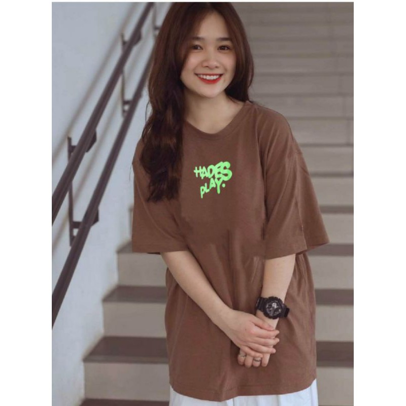 Áo from rộng nâu chữ xanh lá