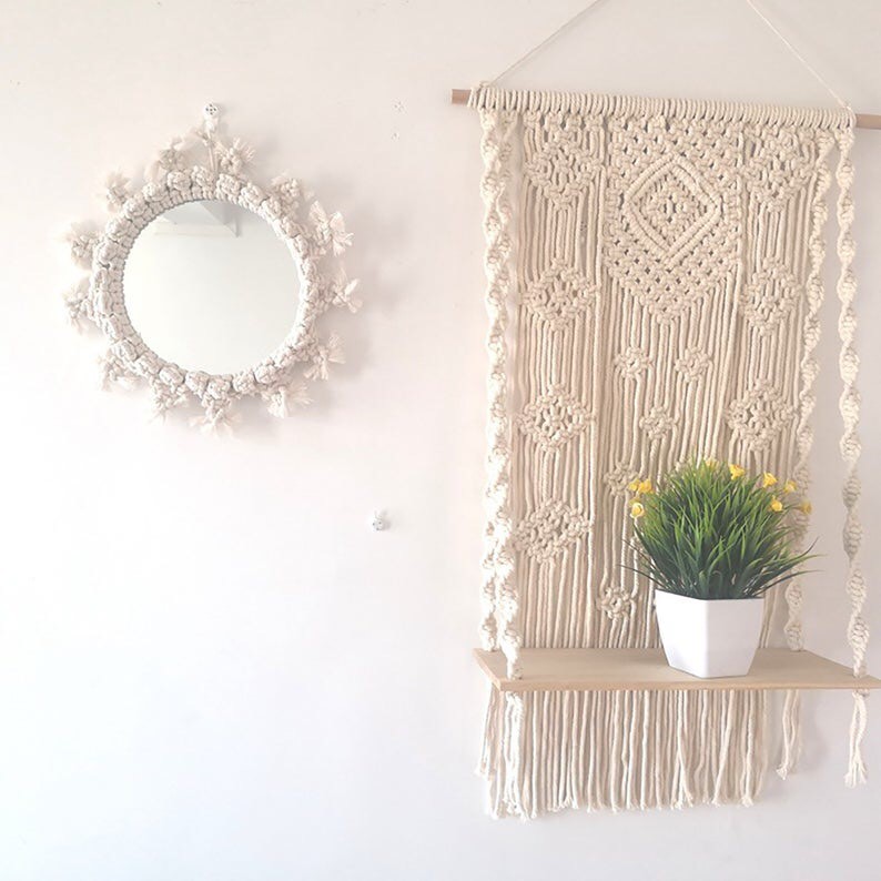 Gương lớn treo tường decor gương đan vòng hoa gương macrame gương trang trí cỡ lớn đồ treo trang trí nhà cửa