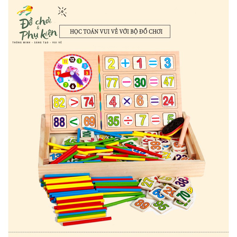 Bộ đồ chơi học toán bằng gỗ có nam châm, đồng hồ với que tính, bảng 2 mặt và số từ 0-99 cho bé yêu