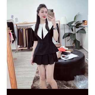 Bộ áo cổ sen váy xếp ly