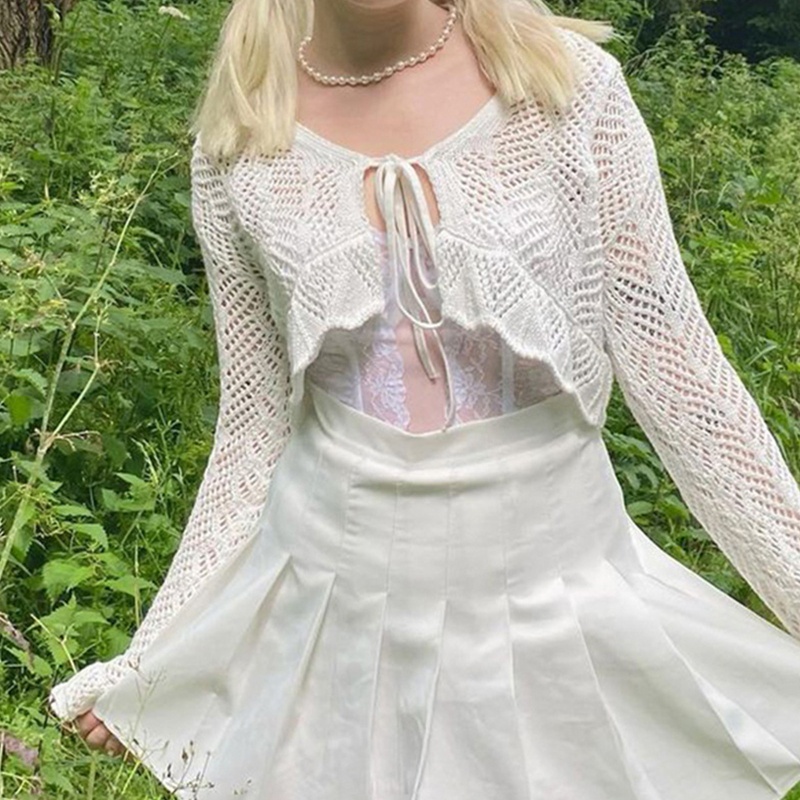 Áo Croptop Dệt Kim Tay Loe Cột Dây Phía Trước Quyến Rũ Cho Nữ