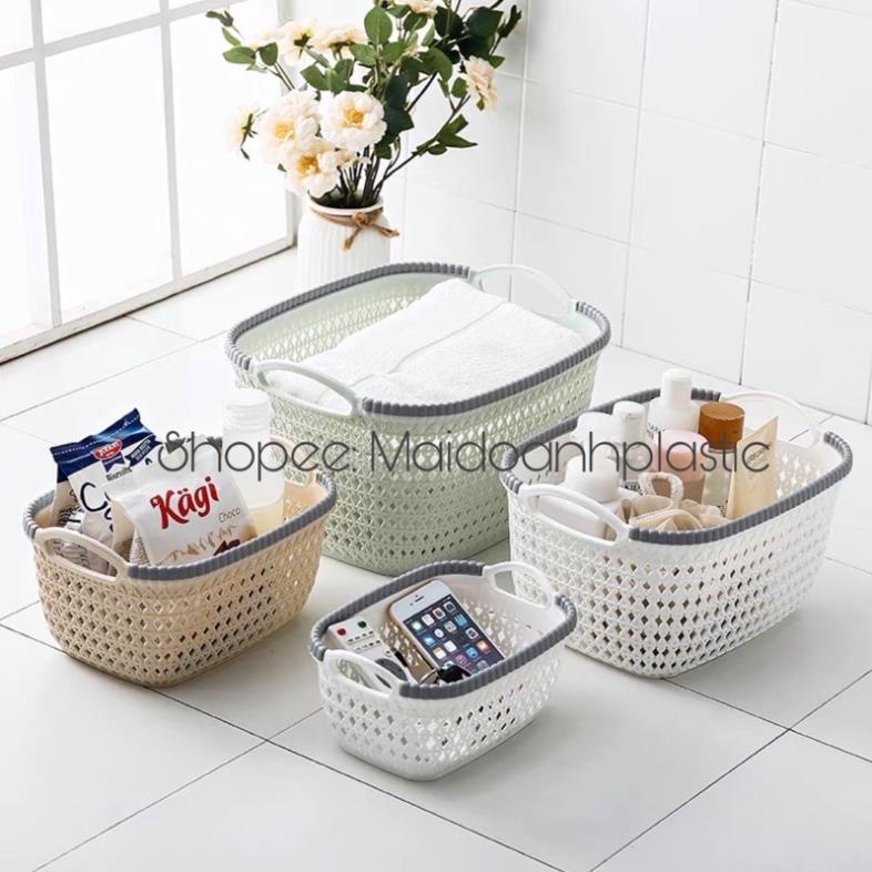 [Kho sỉ]  Rổ nhựa giả mây có quai cầm cỡ nhỏ Việt Nhật 3378-1