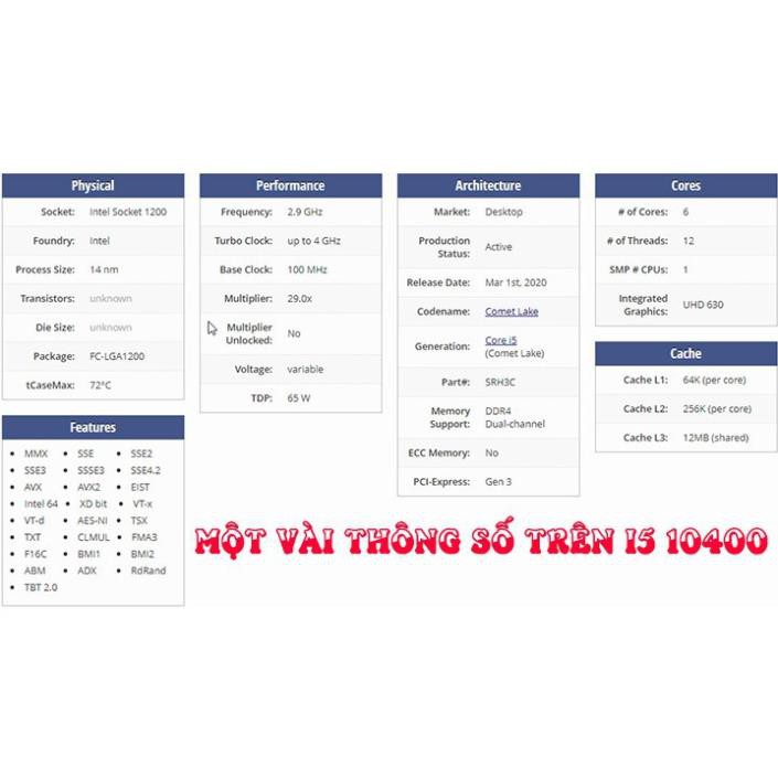 (giá khai trương) Bộ vi xử lý i5 10400 cũ. CPU Intel Core i5-10400 2.9 GHz up to 4.3 GHz, 6 nhân 12 luồng Socket 1200