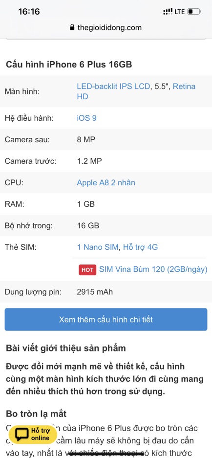 Điện Thoại Apple Iphone 6 plus ( 1GB/16GB ). Hàng cũ đẹp 90-95% .